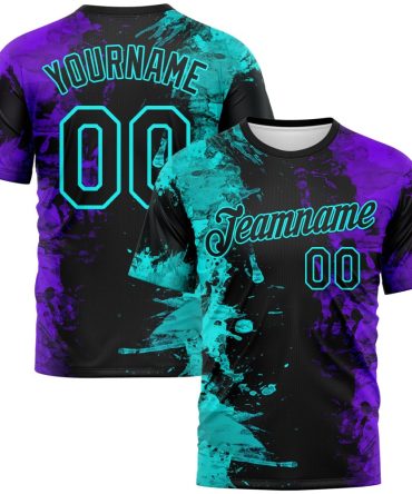 Custom Aqua Black-Purple Ink Splash Duotono Style Performance T-Shirt, For Football, Baseball, Hockey, Basketball, Softball & Rugby Fans
