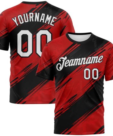 Custom Red White-Black Brush Stroke Graffiti Diagonal Split Performance T-Shirt, For Football, Baseball, Hockey, Basketball, Softball & Rugby Fans