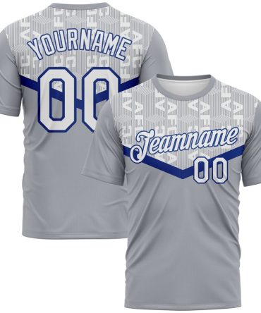 Custom Gray White-Royal Geometric Letter Chevron Stripe Performance T-Shirt, For Football, Baseball, Hockey, Basketball, Softball & Rugby Fans