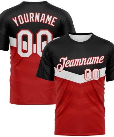 Custom Black White-Red Chevron Stripe Fade Effect Performance T-Shirt, For Football, Baseball, Hockey, Basketball, Softball & Rugby Fans
