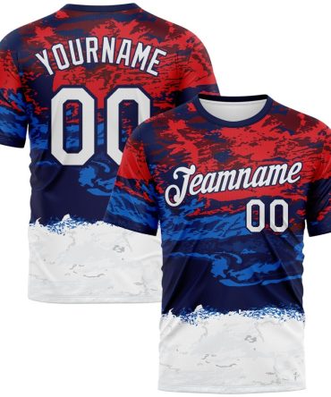 Custom Red White Blue-Navy Distressed Abstract Paint Stroke Performance T-Shirt, For Football, Baseball, Hockey, Basketball, Softball & Rugby Fans