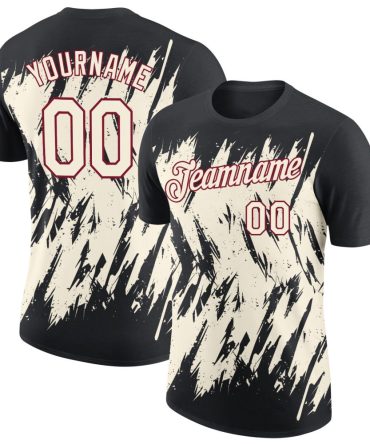 Custom Black Cream-Crimson Torn Sharp Brush Stroke Splatter Performance T-Shirt, For Football, Baseball, Hockey, Basketball, Softball & Rugby Fans