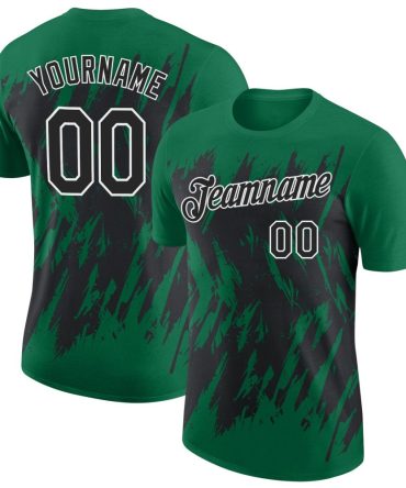 Custom Kelly Green Black-White Torn Sharp Brush Stroke Splatter Performance T-Shirt, For Football, Baseball, Hockey, Basketball, Softball & Rugby Fans