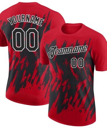 Custom Red Black-White Torn Sharp Brush Stroke Splatter Performance T-Shirt, For Football, Baseball, Hockey, Basketball, Softball & Rugby Fans