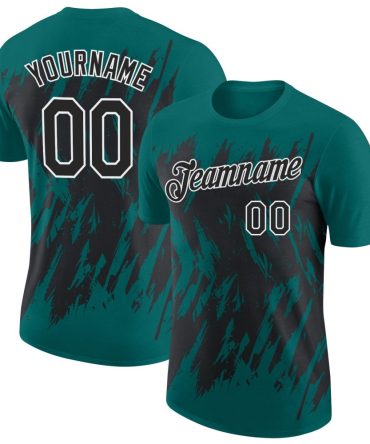 Custom Teal Black-White Torn Sharp Brush Stroke Splatter Performance T-Shirt, For Football, Baseball, Hockey, Basketball, Softball & Rugby Fans