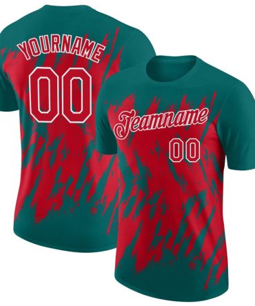 Custom Teal Red-White Torn Sharp Brush Stroke Splatter Performance T-Shirt, For Football, Baseball, Hockey, Basketball, Softball & Rugby Fans