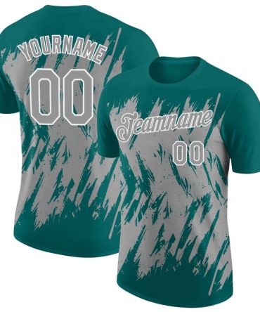 Custom Teal Gray-White Torn Sharp Brush Stroke Splatter Performance T-Shirt, For Football, Baseball, Hockey, Basketball, Softball & Rugby Fans