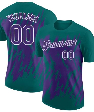 Custom Teal Purple-White Torn Sharp Brush Stroke Splatter Performance T-Shirt, For Football, Baseball, Hockey, Basketball, Softball & Rugby Fans
