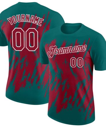 Custom Teal Crimson-White Torn Sharp Brush Stroke Splatter Performance T-Shirt, For Football, Baseball, Hockey, Basketball, Softball & Rugby Fans