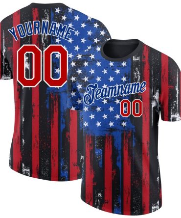 Custom Black Red-Royal 3D American Flag Fashion Performance T-Shirt, For Football, Baseball, Hockey, Basketball, Softball & Rugby Fans