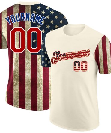 Custom Cream Vintage Usa Flag-Red 3D American Flag Fashion Performance T-Shirt, For Football, Baseball, Hockey, Basketball, Softball & Rugby Fans