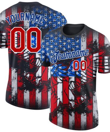 Custom Black Red-White 3D American Flag Fashion Performance T-Shirt, For Football, Baseball, Hockey, Basketball, Softball & Rugby Fans