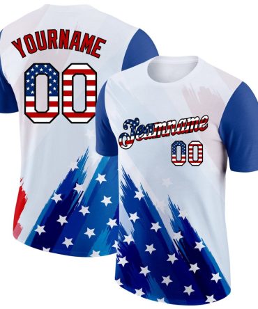 Custom White Usa Flag Royal Red-Black 3D American Flag Fashion Performance T-Shirt, For Football, Baseball, Hockey, Basketball, Softball & Rugby Fans