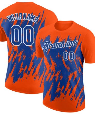 Custom Orange Royal-White Torn Sharp Brush Stroke Splatter Performance T-Shirt, For Football, Baseball, Hockey, Basketball, Softball & Rugby Fans