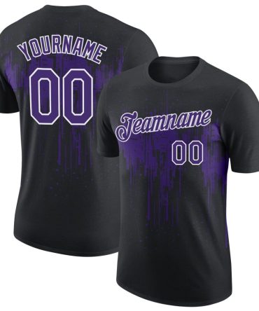 Custom Black Purple-White Dripping Splatter Paint Performance T-Shirt, For Football, Baseball, Hockey, Basketball, Softball & Rugby Fans