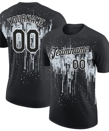 Custom Black Silver-White Dripping Splatter Paint Performance T-Shirt, For Football, Baseball, Hockey, Basketball, Softball & Rugby Fans