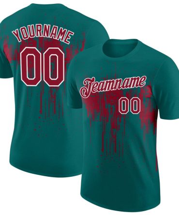 Custom Teal Crimson-White Dripping Splatter Paint Performance T-Shirt, For Football, Baseball, Hockey, Basketball, Softball & Rugby Fans
