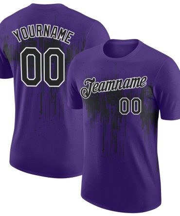 Custom Purple Black-White Dripping Splatter Paint Performance T-Shirt, For Football, Baseball, Hockey, Basketball, Softball & Rugby Fans
