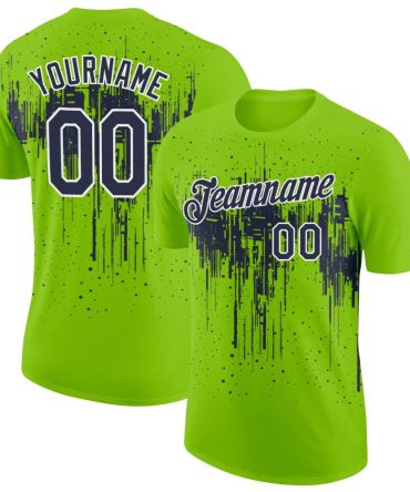 Custom Neon Green Navy-White Dripping Splatter Paint Performance T-Shirt, For Football, Baseball, Hockey, Basketball, Softball & Rugby Fans