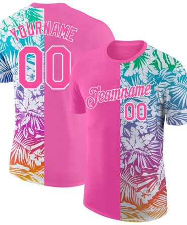 Custom Pink White 3D Pattern Design Tropical Palm Leaves Performance T-Shirt, For Football, Baseball, Hockey, Basketball, Softball & Rugby Fans