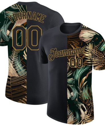 Custom Black Old Gold 3D Pattern Design Golden And Green Tropical Leaves In The Style Of Jungle And Hawaii Performance T-Shirt, For Football, Baseball, Hockey, Basketball, Softball & Rugby Fans