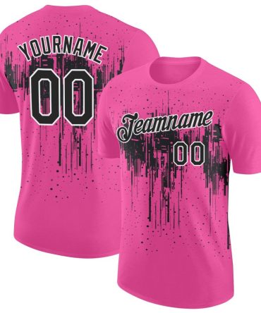 Custom Pink Black-White Dripping Splatter Paint Performance T-Shirt, For Football, Baseball, Hockey, Basketball, Softball & Rugby Fans