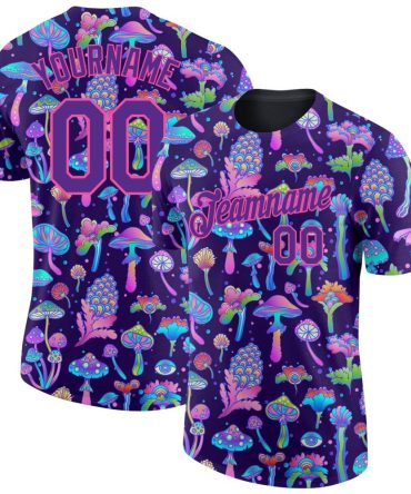 Custom Black Purple-Pink 3D Pattern Design Colorful Flowers And Mushrooms Psychedelic Hallucination Performance T-Shirt, For Football, Baseball, Hockey, Basketball, Softball & Rugby Fans