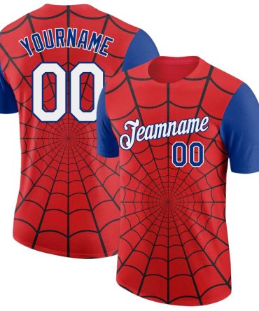 Custom Red White-Royal 3D Pattern Design Spider Performance T-Shirt, For Football, Baseball, Hockey, Basketball, Softball & Rugby Fans
