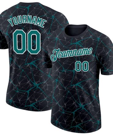 Custom Black Teal Gray-White Abstract Network Crackle Performance T-Shirt, For Football, Baseball, Hockey, Basketball, Softball & Rugby Fans