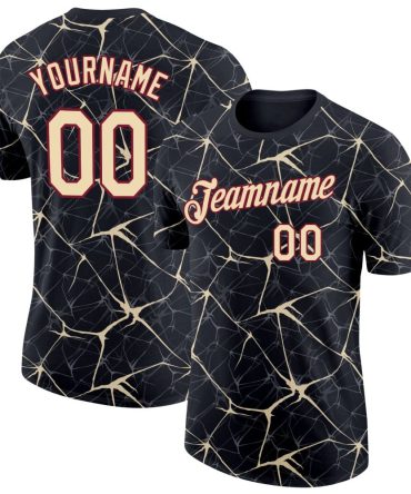 Custom Black Cream Gray-Crimson Abstract Network Crackle Performance T-Shirt, For Football, Baseball, Hockey, Basketball, Softball & Rugby Fans