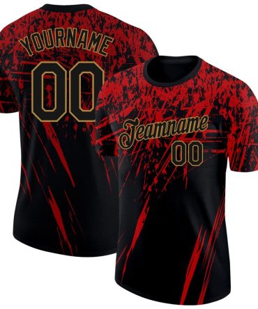 Custom Black Red-Old Gold 3D Pattern Design Performance T-Shirt, For Football, Baseball, Hockey, Basketball, Softball & Rugby Fans