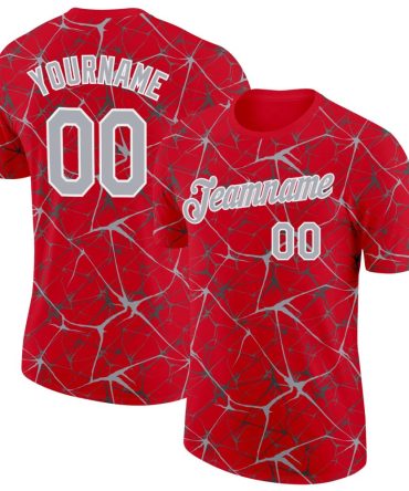 Custom Red Gray-White Abstract Network Crackle Performance T-Shirt, For Football, Baseball, Hockey, Basketball, Softball & Rugby Fans