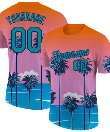 Custom Orange Teal-Navy 3D Pattern Design Sun Beach Hawaii Palm Trees Performance T-Shirt, For Football, Baseball, Hockey, Basketball, Softball & Rugby Fans