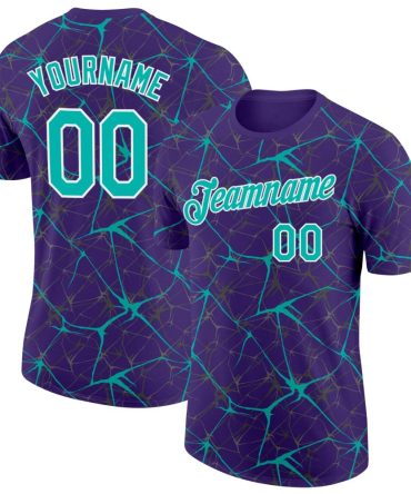 Custom Purple Aqua Gray-White Abstract Network Crackle Performance T-Shirt, For Football, Baseball, Hockey, Basketball, Softball & Rugby Fans