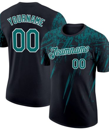 Custom Black Teal-White Distressed Scratch Brush Stroke Performance T-Shirt, For Football, Baseball, Hockey, Basketball, Softball & Rugby Fans