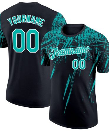 Custom Black Aqua-White Distressed Scratch Brush Stroke Performance T-Shirt, For Football, Baseball, Hockey, Basketball, Softball & Rugby Fans
