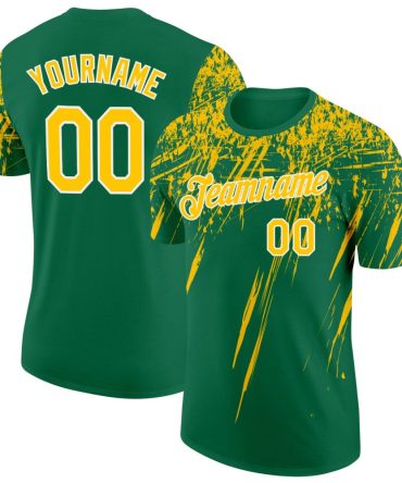 Custom Kelly Green Yellow-White Distressed Scratch Brush Stroke Performance T-Shirt, For Football, Baseball, Hockey, Basketball, Softball & Rugby Fans