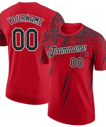 Custom Red Black-White Distressed Scratch Brush Stroke Performance T-Shirt, For Football, Baseball, Hockey, Basketball, Softball & Rugby Fans