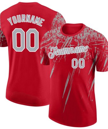 Custom Red Gray-White Distressed Scratch Brush Stroke Performance T-Shirt, For Football, Baseball, Hockey, Basketball, Softball & Rugby Fans