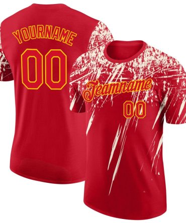 Custom Red Cream-Yellow Distressed Scratch Brush Stroke Performance T-Shirt, For Football, Baseball, Hockey, Basketball, Softball & Rugby Fans