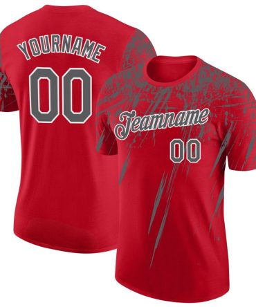 Custom Red Steel Gray-White Distressed Scratch Brush Stroke Performance T-Shirt, For Football, Baseball, Hockey, Basketball, Softball & Rugby Fans