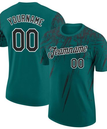Custom Teal Black-White Distressed Scratch Brush Stroke Performance T-Shirt, For Football, Baseball, Hockey, Basketball, Softball & Rugby Fans