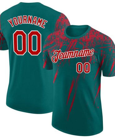 Custom Teal Red-White Distressed Scratch Brush Stroke Performance T-Shirt, For Football, Baseball, Hockey, Basketball, Softball & Rugby Fans