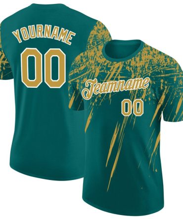 Custom Teal Old Gold-White Distressed Scratch Brush Stroke Performance T-Shirt, For Football, Baseball, Hockey, Basketball, Softball & Rugby Fans