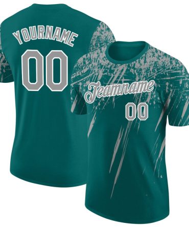 Custom Teal Gray-White Distressed Scratch Brush Stroke Performance T-Shirt, For Football, Baseball, Hockey, Basketball, Softball & Rugby Fans