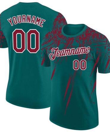 Custom Teal Crimson-White Distressed Scratch Brush Stroke Performance T-Shirt, For Football, Baseball, Hockey, Basketball, Softball & Rugby Fans