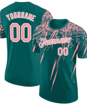 Custom Teal Medium Pink-White Distressed Scratch Brush Stroke Performance T-Shirt, For Football, Baseball, Hockey, Basketball, Softball & Rugby Fans