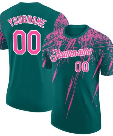 Custom Teal Pink-White Distressed Scratch Brush Stroke Performance T-Shirt, For Football, Baseball, Hockey, Basketball, Softball & Rugby Fans
