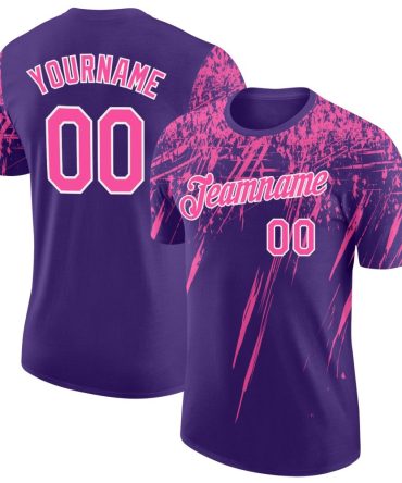 Custom Purple Pink-White Distressed Scratch Brush Stroke Performance T-Shirt, For Football, Baseball, Hockey, Basketball, Softball & Rugby Fans