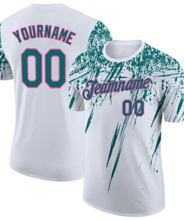 Custom White Teal-Pink Distressed Scratch Brush Stroke Performance T-Shirt, For Football, Baseball, Hockey, Basketball, Softball & Rugby Fans